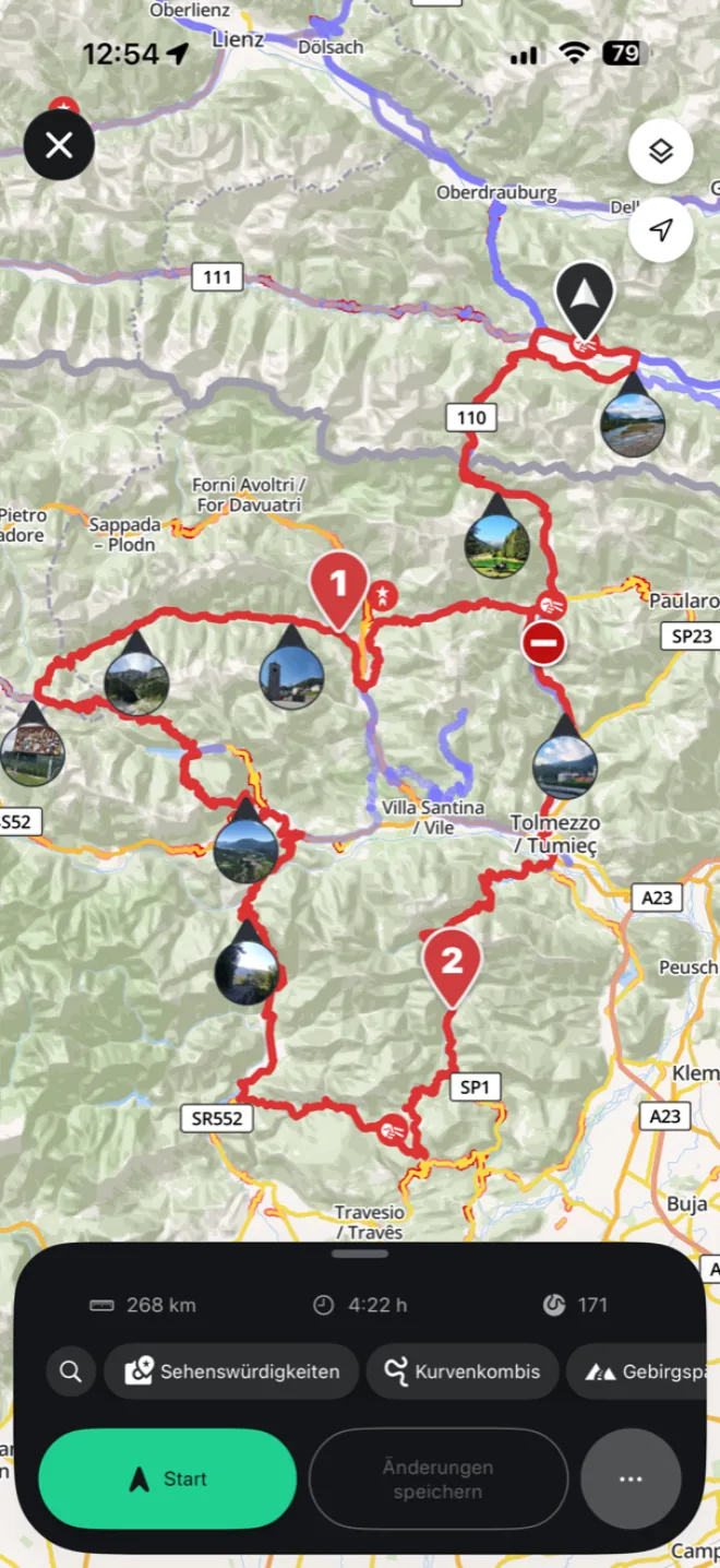 Screenshot der Tourenplanung in calimoto: 268 Kilometer, 4:22 Stunden, Kurvenwert 171